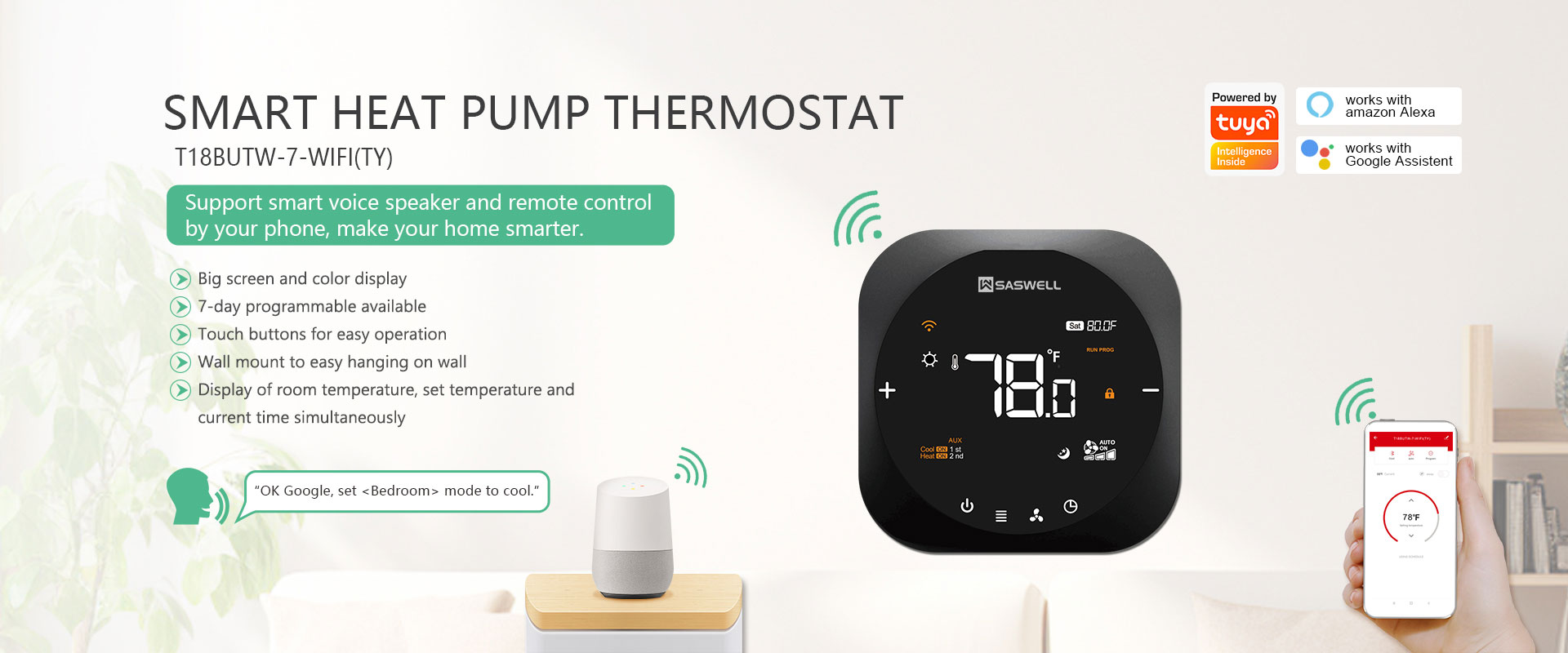 Premium Color Screen Smart Thermostat For Heat Pumps T18B